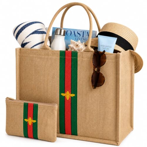 Large Beach Bag Jute Woven Red and Green and Black Stripe (Red-green-black)