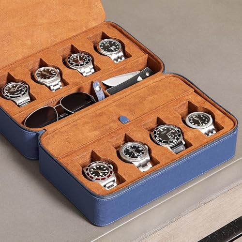 8 Watch Travel Case Storage Organizer for 8 Watches (Blue/Tan)