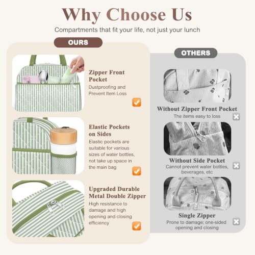 Lunch Bag Lunch Box for Women Adult Men Insulated Quilted Reusable Large Lunch Tote Bag Leakproof Simple Cooler Bag for Work Office Picnic Beach or Travel (B-Green Stripes / Medium - 10L)