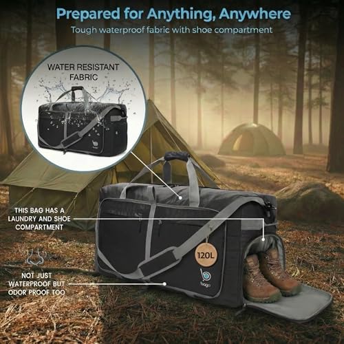 Travel Duffle Bag for Women & Men. Extra Large Foldable Duffel Bags (120L / Black)