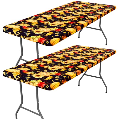 2 Pack Rectangle Spandex 6FT Elastic Fitted Thanksgiving Tablecloth (Rust & Black / 72" x 30" (Rectangular))