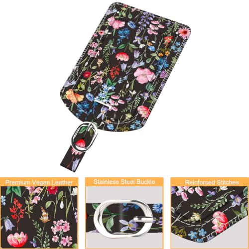 2 Pack Luggage Tags Leather Name ID Labels with Privacy Cover (Black Floral)