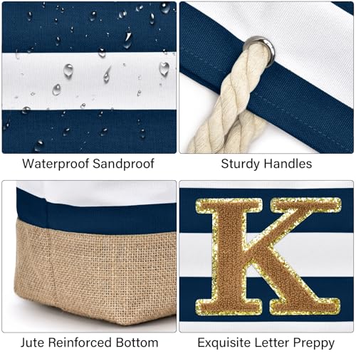 Beach Bag Initial Beach Tote with Makeup Bag for Travel (Dark Blue 2 Pcs / K)