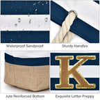 Beach Bag Initial Beach Tote with Makeup Bag for Travel (Dark Blue 2 Pcs / K)