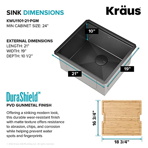 Kore 21 Inch Undermount Workstation 16 Gauge Stainless Steel Single Bowl Kitchen Sink n PVD Gunmetal Finish with Accessories (PVD Gunmetal / 21 inch / Sink)