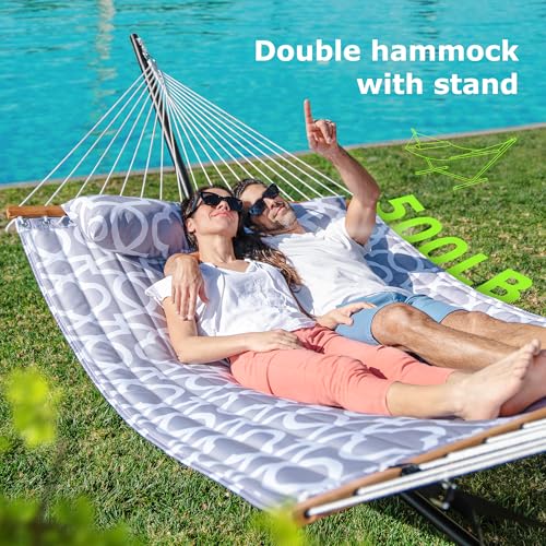 Double Hammock with Stand 500lbs Heavy Duty Outdoor Two Person Round (White)