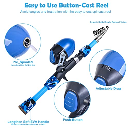 170cm 5.6ft Kids Fishing Rod Set Portable Telescopic Kids Fishing Poles with Collasible Chair Fishing Net Carrier Bag and Full Kits for Boys and GirlsBeginner and Youth (Blue)
