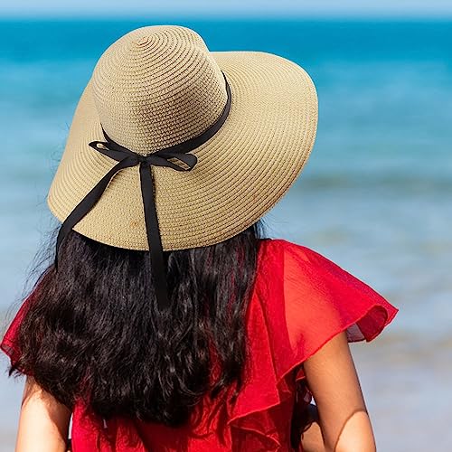 Womens Straw Hat Foldable Wide Brim Floppy Beach Sun Hat for Women Roll up Cap UPF 50+ Adjustable Strap Vacation (Ad Khaki 5.9" Brim, 1 Pack)