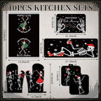 10 Pcs Christmas Skeleton Kitchen Decor and Accessories Set Kitchen Towels Pot Holders Oven Mitts Rugs and Tape for Baking Cooking BBQ Festive Housewarming Gifts (Black,white / Halloween Skeleton)