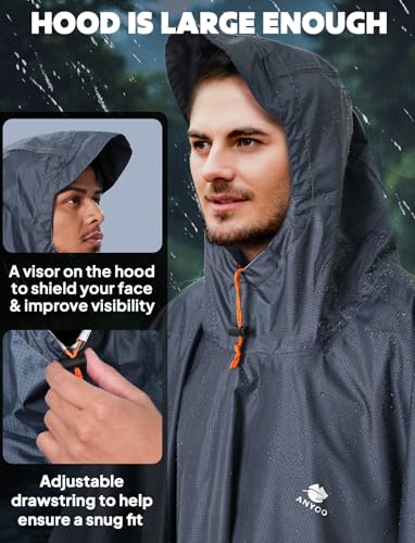 Hooded Rain Poncho for Adult Waterproof Lightweight Raincoat (Dark Grey)