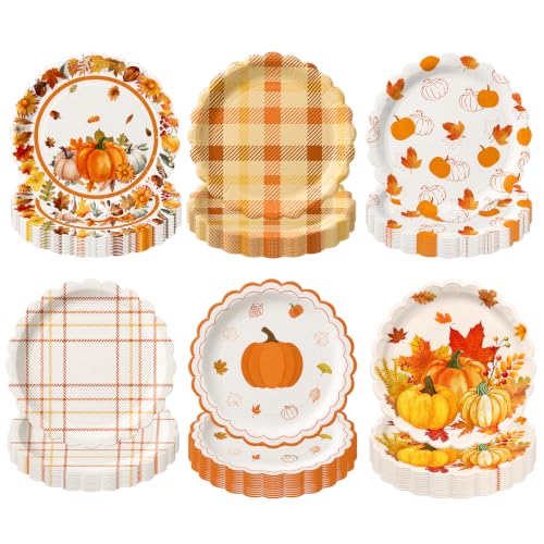 48PCS Fall Paper Plates 7 Inch Round Fall Disposable Dessert Plates (Fall)