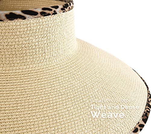 Women's Straw Sun Visor Hat UPF Wide Shade Ponytail Summer Hat (One Size / Beige Leopard Print)