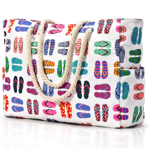 Beach Bags for Women Large Waterproof Sandproof Beach Tote Swim Pool Bag with Zipper (Slipper)