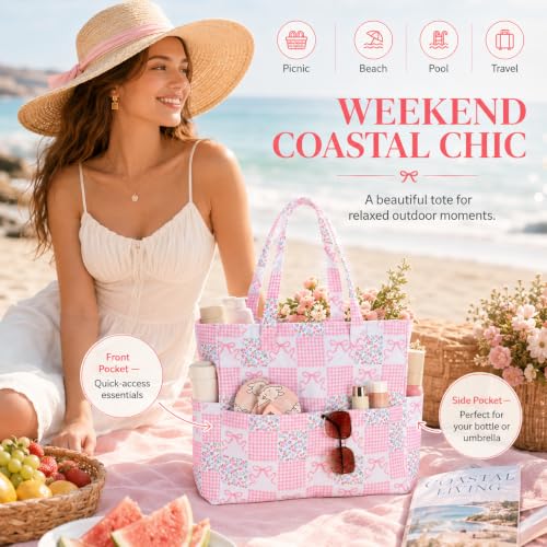 Beach Bags for Women (Gingham Floral Bow)