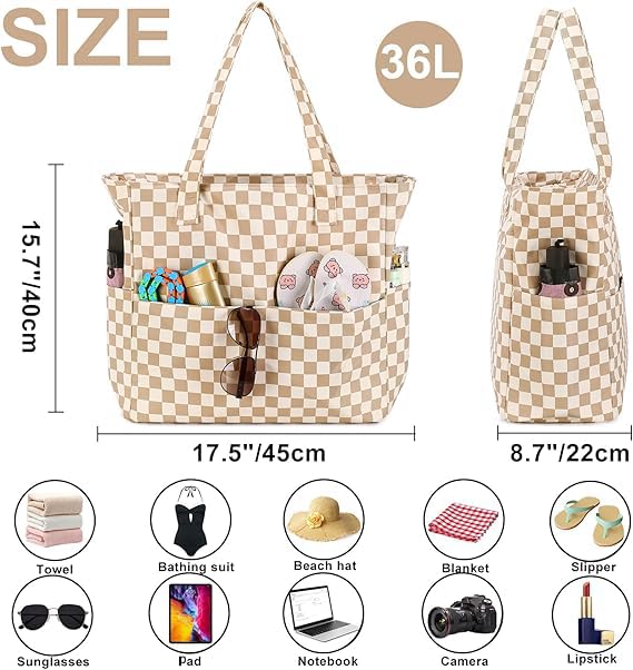 Waterproof Beach Tote Pool Bags for Women Ladies Extra Large Gym Tote Carry On Bag With Wet Compartment for Weekender Travel (A Checked Brown White)