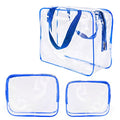 3Pcs Crystal Clear PVC Travel Toiletry Bag Kit for Women Men (1 Large, 1 Medium, 1 Small-Blue / 3 Piece Set)