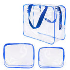 3Pcs Crystal Clear PVC Travel Toiletry Bag Kit for Women Men (1 Large, 1 Medium, 1 Small-Blue / 3 Piece Set)