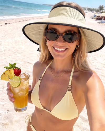 Women's Straw Sun Visor Hat UPF Wide Shade Ponytail Summer Hat (One Size / Beige)
