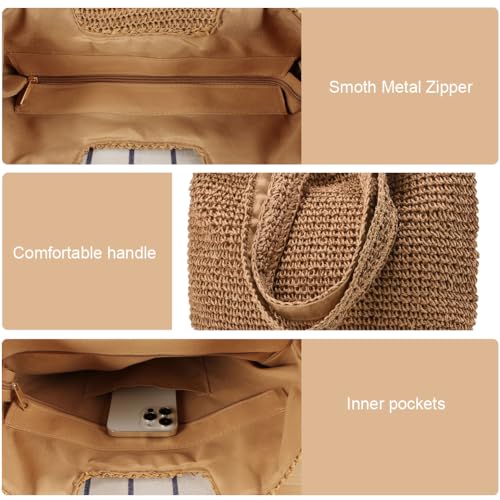 Straw Beach Bags for Women Straw Woven Beach Tote Bag Casual Boho Large Shoulder Handbags Purse for Vacation Holiday Picnic (E Khaki)