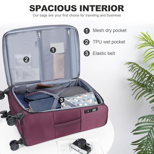 Softside Expandable checked Luggage with Front Business Pockets (Burgundy-24 / 24 inch)