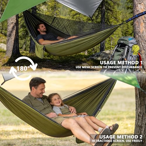 Camping Hammock with Rain Fly Tarp Mosquito Net Heavy Duty Tree Straps Portable Double Parachute Hammock Tent Waterproof Rainfly Set 660lbs Maximum Weight (Rain Fly Size：98.4x59in / Armygreen)
