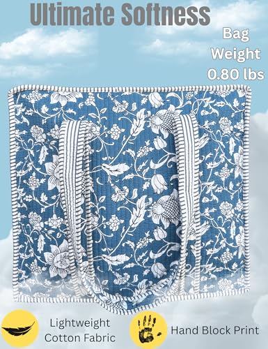 100% Cotton Quilted Tote Bag For Women (Summerday Blue Floral Print)