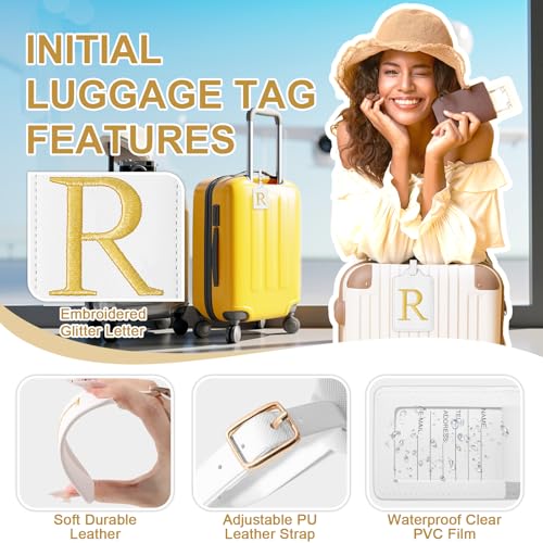 Personalized Initial Luggage Tags for Suitcase TSA Approved (White Leather,glod Letter / R)