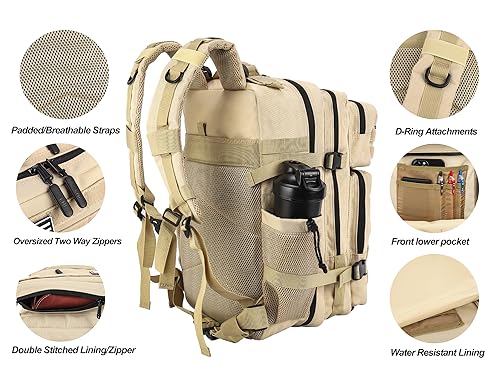 Military Tactical Backpack for Men and Women 45L Army 3 Days Assault Pack Bag Large Rucksack with Molle System Cream (Cream)