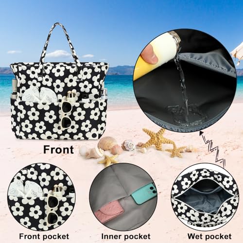 Waterproof Beach Tote Pool Bags for Women Ladies Extra Large Gym Tote Carry On Bag With Wet Compartment for Weekender Travel (Beige Flower With Black Background)