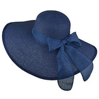 Women Wide Brim Bow Straw Hat Floppy Foldable Beach Sun Hat Roll up Cap UPF 50+ (Big Bow / Navy 5.9" Brim, 1 Pack)