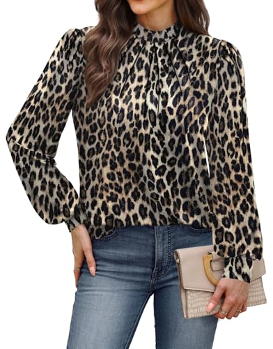 Long Sleeve Shirts for Women Business Casual Fall Outfits for Women 205 Mock Neck Early Womens Fall Fashion Clothing Work Blouses Trendy Must Haves Plus Size Clothes Leopard Print 2XL (02 - Leopard Print / XX-Large)