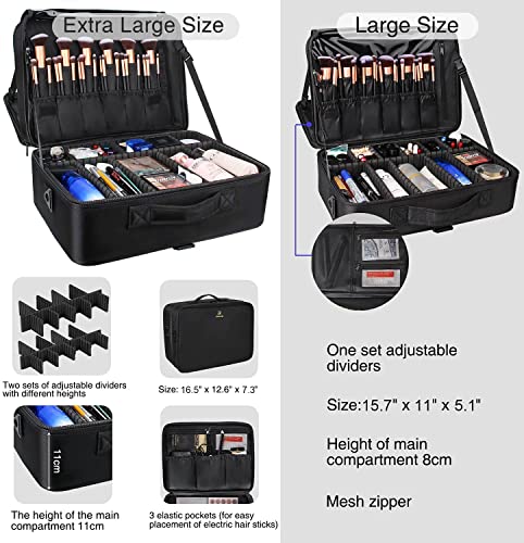 Extra Large Makeup Case Travel Makeup Train Case Professional Makeup Artist Bag Portable Nail Organizer Box Art Supply Case with Adjustable Dividers (Black / Extra Large)