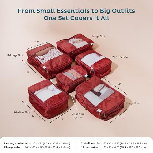 6 Pack Large Compression Packing Cubes for Travel (Burgundy 1 / 6 Pack)