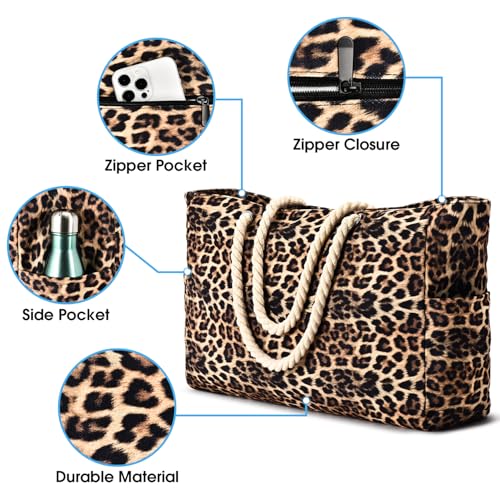 Beach Bags for Women Large Waterproof Beach Tote Bag Zipper Beach Bags Waterproof Sandproof Swim Pool Bag Large Tote (Leopard)