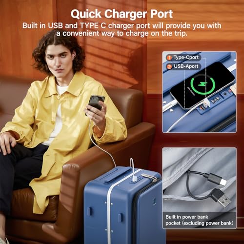 24 Inch Checked Luggage with Cup Holder and USB Ports (Interstellar Blue / 24 Inch)