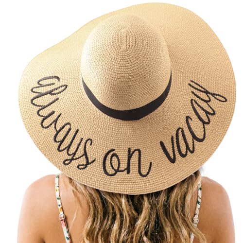 Big Straw Sun Hats for Women Floppy Foldable Roll up Beach Cap Sun Hat UPF 50+ Vacation Honeymoon Embroidered Hat (Ae Always on Vacay: Khakiv)