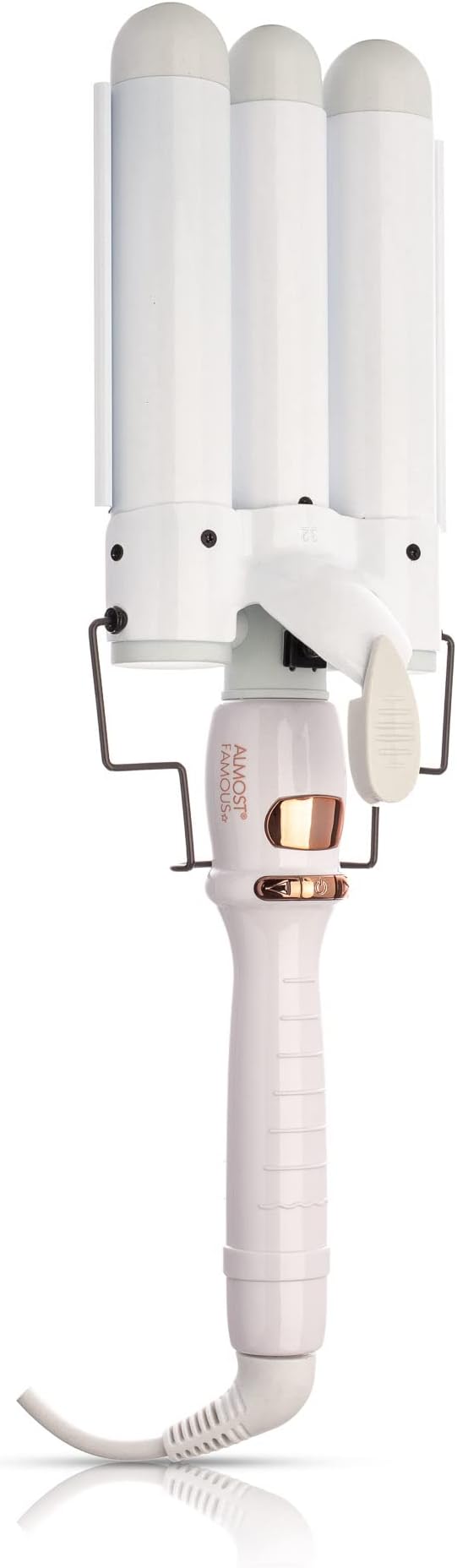 Almost Famous Wave Away Triple Barrel Clip Curling System, 3 Barrel Curling, Crimper with LCD Temp Display, Professional Beauty Tool, Temperature Adjustable (Pearlescent White)