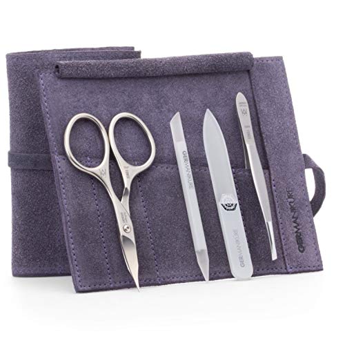 4pc Travel Manicure Kit (4-Pc: Combo Scissors, Travel File, Cuticle Stick / Purple Suede Roll)