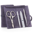 4pc Travel Manicure Kit (4-Pc: Combo Scissors, Travel File, Cuticle Stick / Purple Suede Roll)