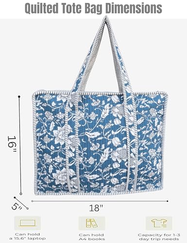 100% Cotton Quilted Tote Bag For Women (Summerday Blue Floral Print)