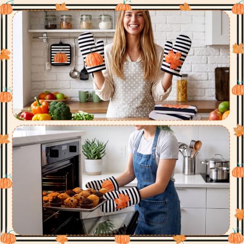 10 Pcs Fall Pumpkin Kitchen Decor Set Kitchen Towels Pot Holders Oven Mitts and Rugs Set Thanksgiving Towels for Baking Cooking BBQ Autumn Home (Black, White, Orange / Stripe Pumpkins)