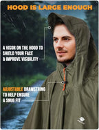 Hooded Rain Poncho for Adult Waterproof Lightweight Raincoat (Army Green)