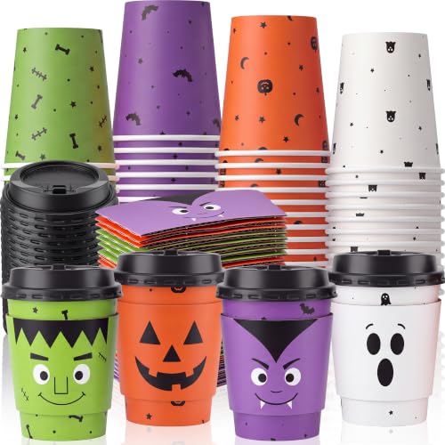 48 Sets 8 oz Halloween Disposable Coffee Cups with Lids and Sleeves (Monster)