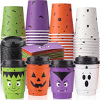 48 Sets 8 oz Halloween Disposable Coffee Cups with Lids and Sleeves (Monster)