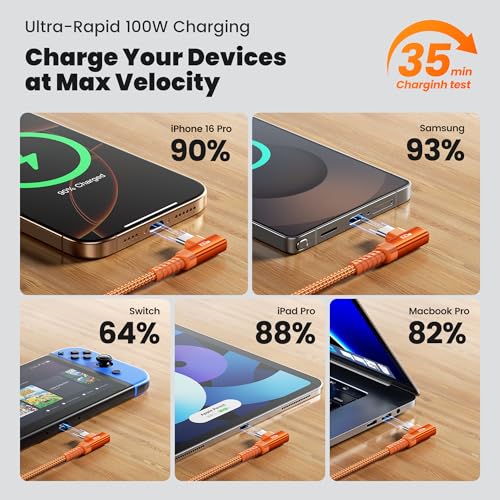 100W Right Angle Fast Charging USB C Cable (10+10FT / Orange)