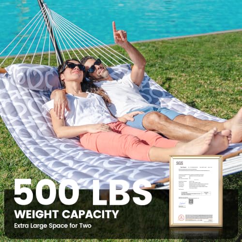 Double Hammock with Stand 500lbs Heavy Duty Outdoor Two Person White (White Grey)