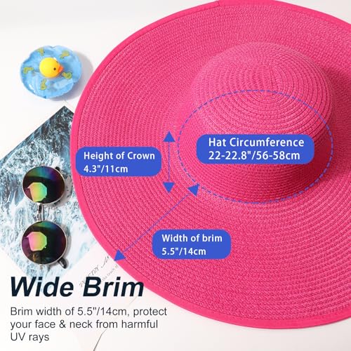 Sun Hats for Women Wide Brim Summer Hat Large Floppy Sun Straw Hat Foldable Packable Beach Hats UPF 50+ (Medium Size: Rose Red / Brim 5.5" (Head Circumference 22-22.8"))