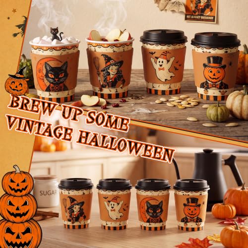 48 sets 8 oz Halloween Disposable Coffee Cups with Lids and Sleeves (Pumpkin)