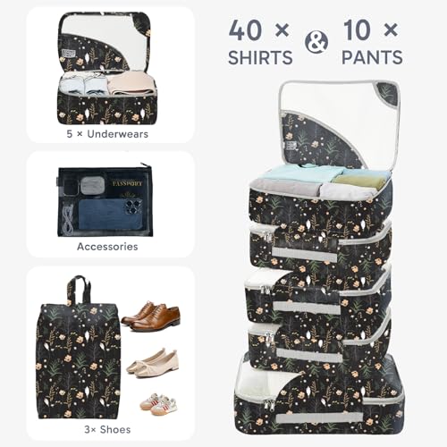 Packing Cubes for Travel (14 Black Flower)