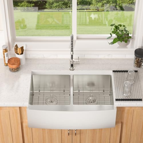 33 Inch Farmhoue Sink Double Bowl Stainless Steel Farm Kitchen Sink 16 Gauge Double Basin 50 (Stainless Steel / 33''x21''x10''-50/50)